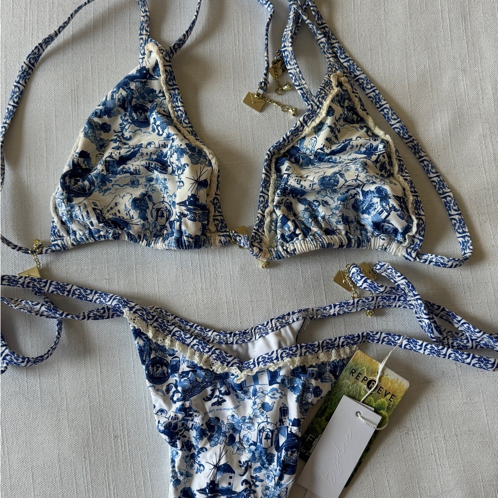 Bydee Blue & White Toile Triangle Bikini - Women Swim top & bottom